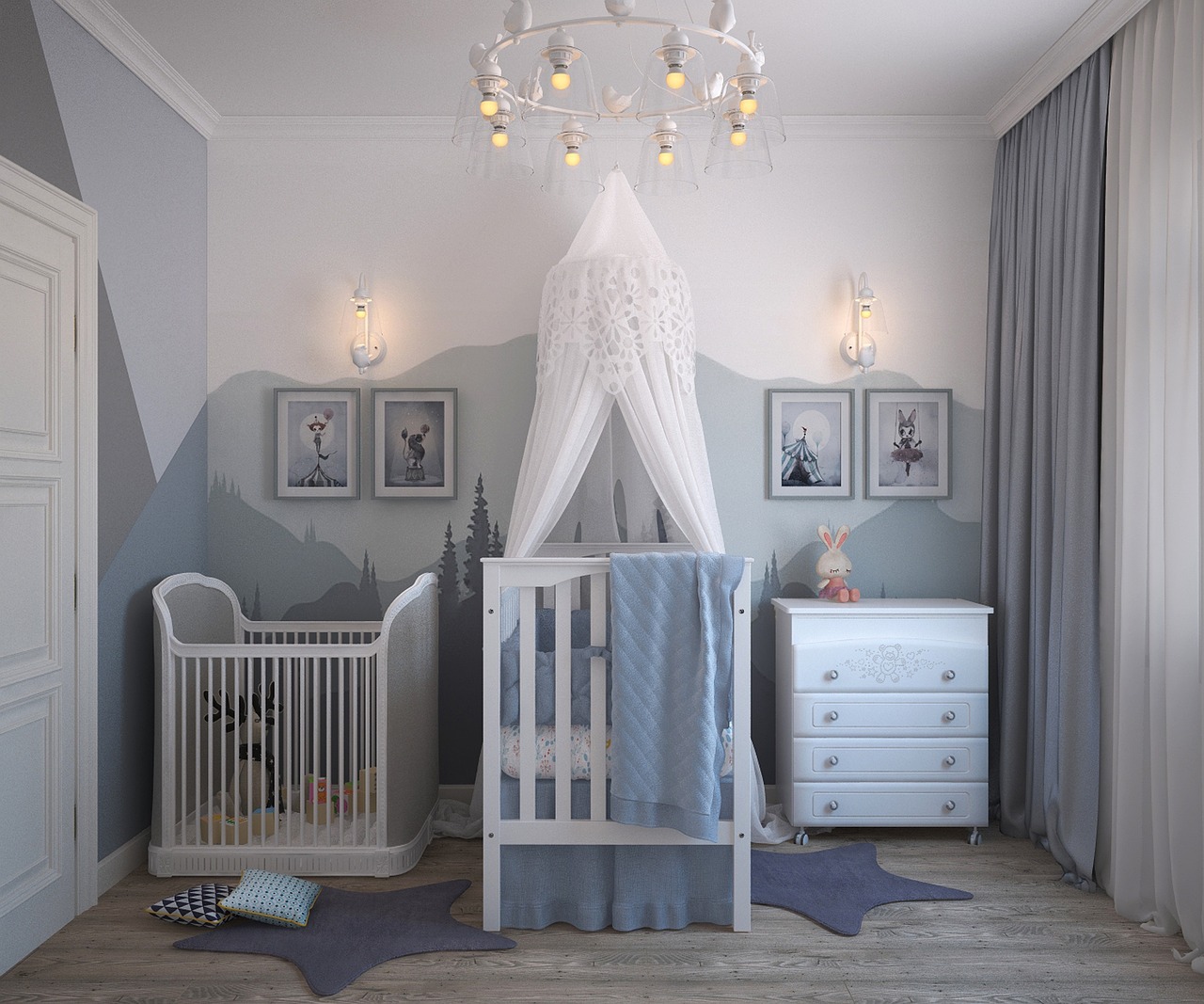 Blauw-witte strepen gordijnen, nautisch thema slaapkamer. Blauw-witte strepen gordijnen, nautisch thema slaapkamer.